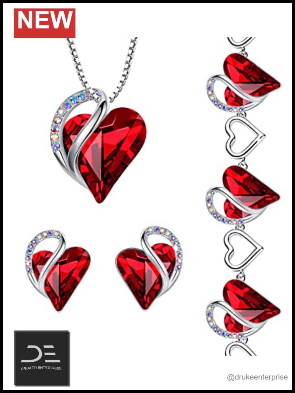 Women's 3-Piece Heart Jewelry Set, Austrian Crystal Necklace Bracelet Earrings,